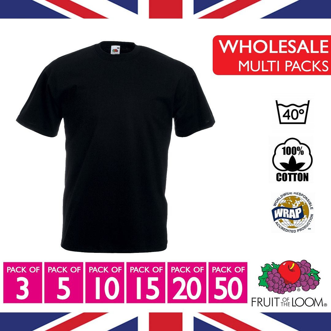 Fruit of the Loom Black T-Shirts Multi-Pack Wholesale Sizes S–5XL 100percent Cotton
