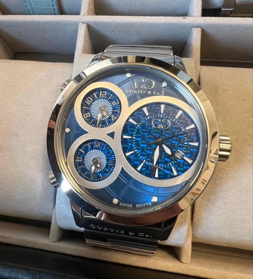 Reloj de cuarzo Curtis & Co Big Time World 50 mm para hombre, esfera azul, diamante, usado Foto 3 de 4