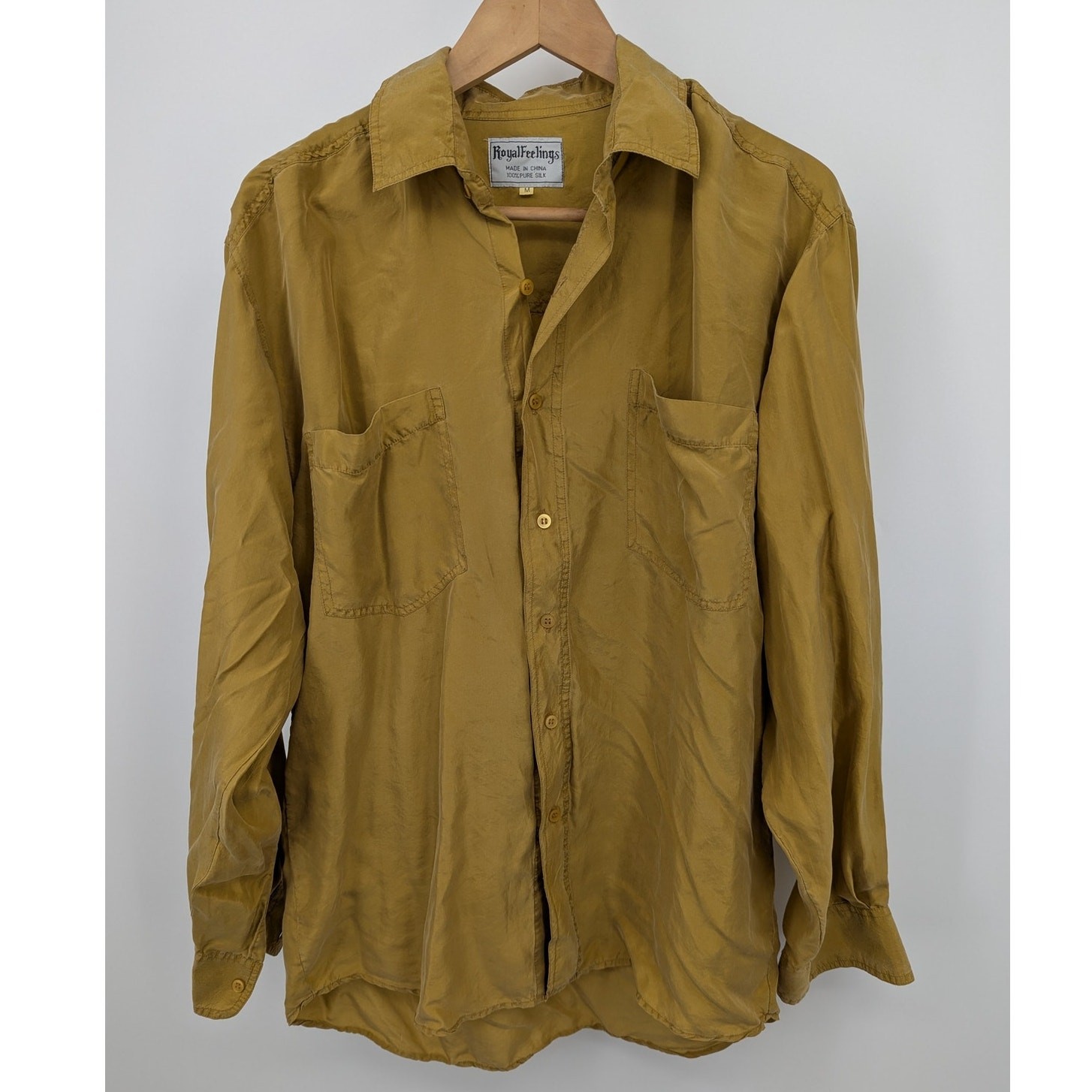 Vintage 100% Silk Gold Button Down Blouse Size Medium Long Sleeve Classic Top