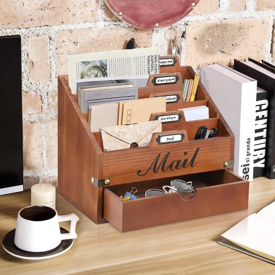 Wood Mail Organizer Countertop, Desktop Mail Organizer with 4 ...