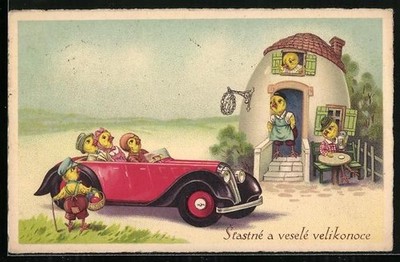 Künstler-AK Osterküken fahren in einem Auto vor einem Haus, Stastne a vesele ve 