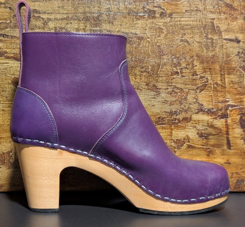 Swedish Hasbeens Purple Zip It Emy Clog Bootie Wood Heel Leather EU 39 US 9 - Picture 6 of 19