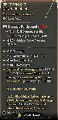  DIABLO 4 Season 11  3GA Sword Griswold's Opus +431 Maximum life