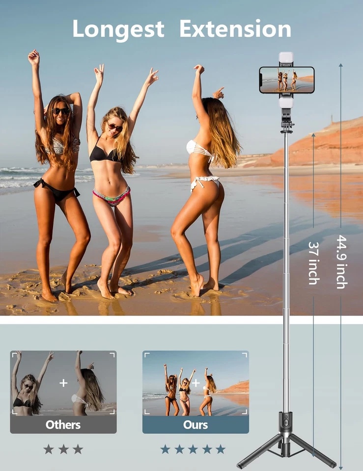 Selfie Stick Tripod with Light, 45'' Selfie Stick with Wireless Remote, Porta... - Image 3 of 4