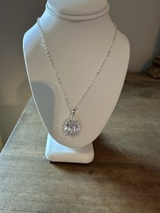 Authentic Without Tags White Gold Plated Clear CZ Stone Pendant Necklace 16-18”
