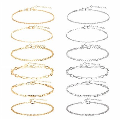 KFHENSOMR 12pcs Gold/Silver Ankle Bracelets for Women Medium, Gold + Silver