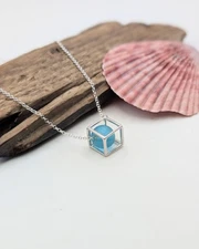 Sterling Silver Cube Fidget Necklace with Rare Blue Sea Glass Bead