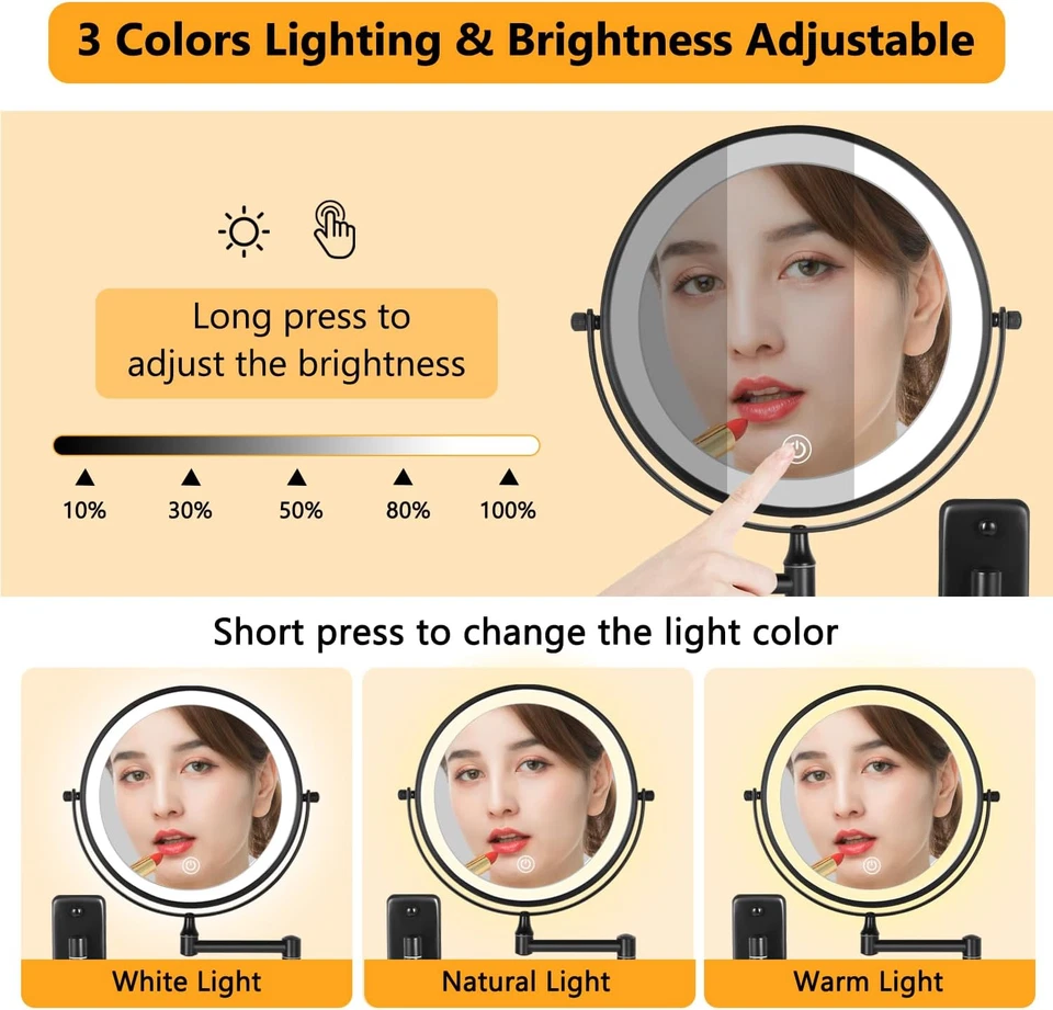 Rechargeable Wall-Mounted Makeup Mirror, 10X Magnification, 3 Color Lights - Image 3 of 4