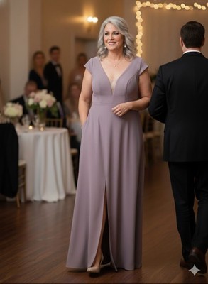 AZAZIe 18W Bridesmaid Maxi Dress V-Neck Cap Sleeve Pockets Slit Mauve Dusty Rose