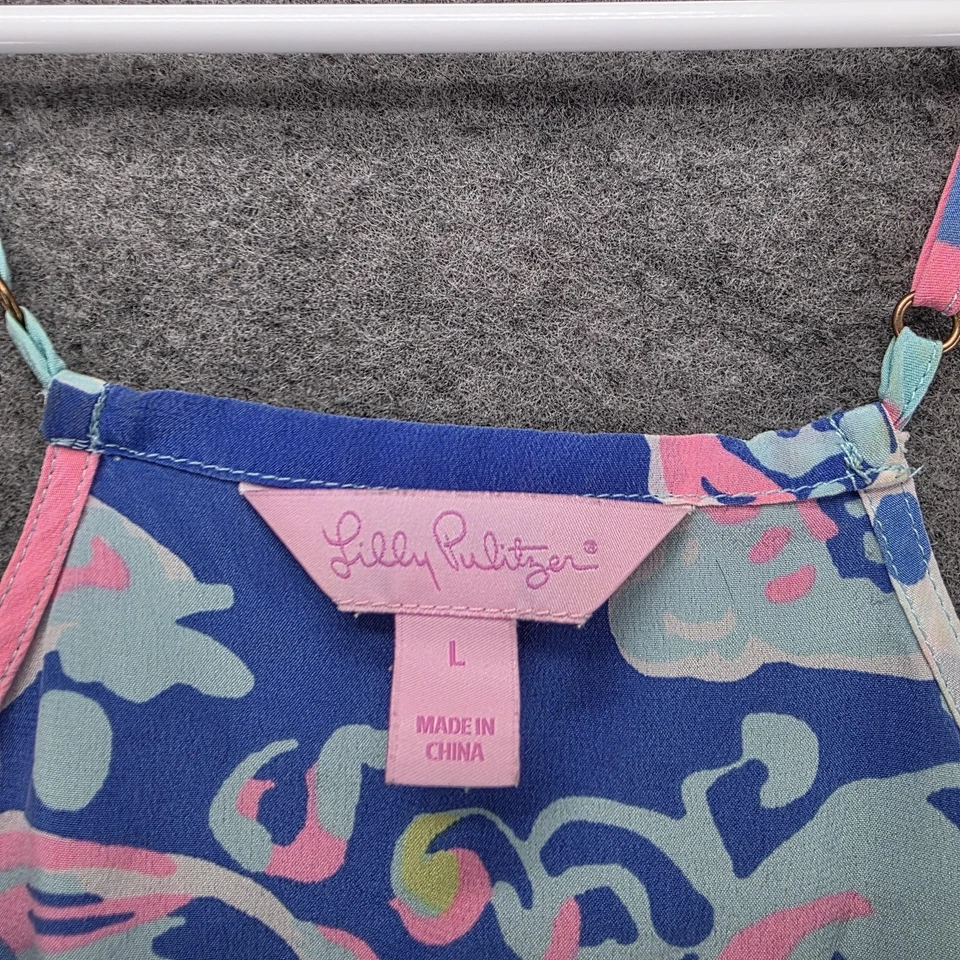 Camiseta sin mangas Lilly Pulitzer para mujer grande azul rosa seda pañuelo dobladillo floral Foto 2 de 4