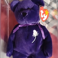 Ty Beanie Babies Original Baby Purple Bear Plush with Heart Tag Display Case