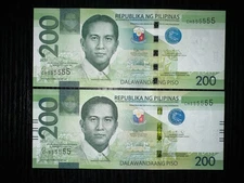 2 Varieties of 2020 Philippines 200 Piso Banknote Serial Number CH 555555 UNC