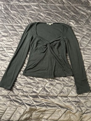 KANJI Black Knit Twist Front Sweetheart Neck Long Sleeve Top XS
