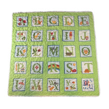 Vintage Handmade Alphabet Squares Quilt Blanket Polkadot Green 35 x 35 inches