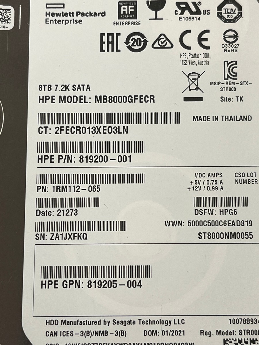 834028-B21 HPE 8TB SATA 6G 7.2K LFF LP 512E MULTI VENDOR HDD