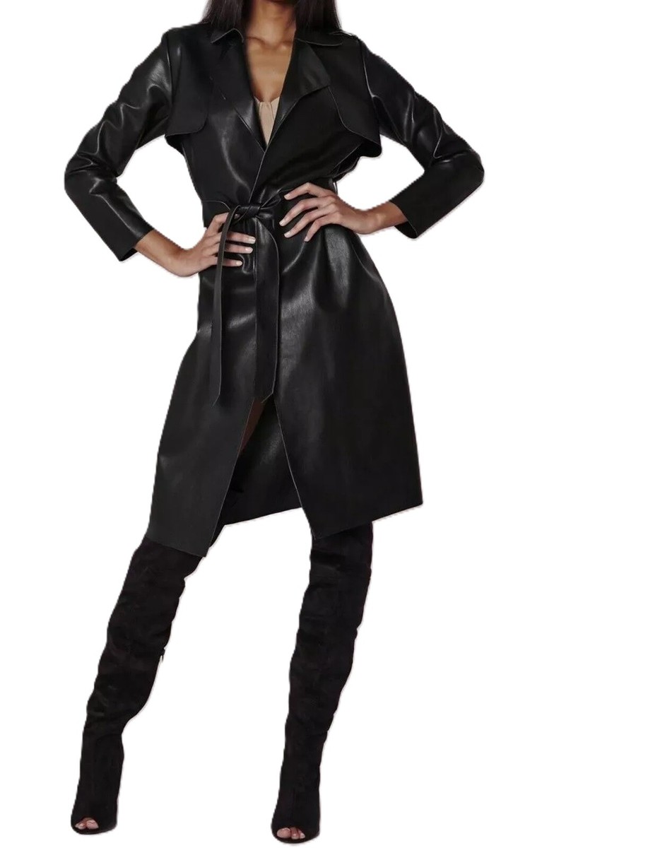 Women's Genuine Lambskin Leather Black Trench Coat Mid Length
