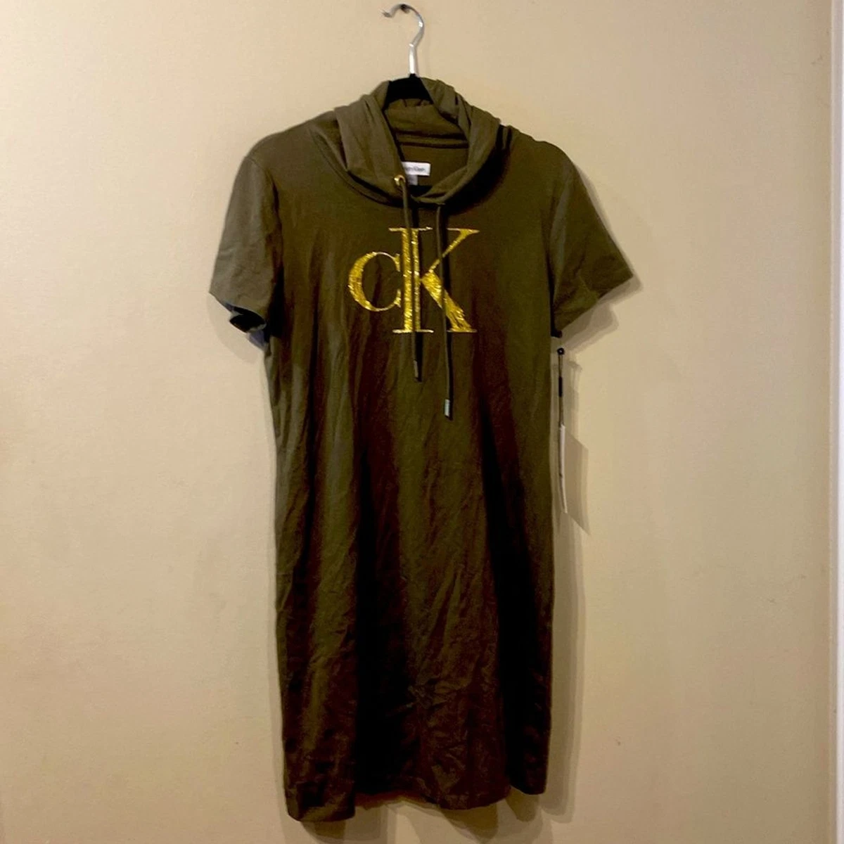 Green Calvin Klein Hoodie Dress Short Sleeve Gold Glitter Logo sz L Large New