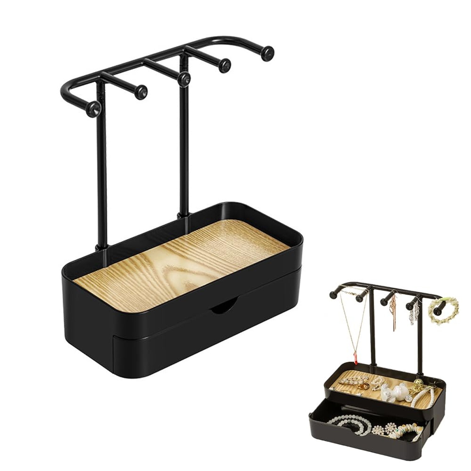 Jewelry Organizer Stand, Necklaces Holder with Wooden Tray and Drawer, Double...-image