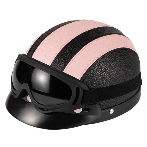 Vintage Leather Motorcycle Half Helmet with Goggles Scooter Cruiser Helmet - Picture 9 of 38