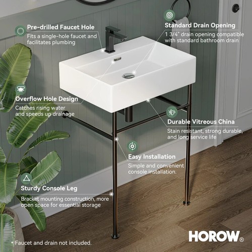 HOROW 24"x17" Rectangular Console Bathroom Sink with 30'' Support Pedestal Legs - Picture 7 of 11