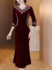 Women's 3/4 Sleeve Velvet Long Mermaid Fishtail Dress Maxi Wedding Evening Party