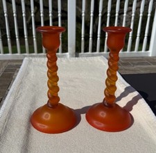 Vintage Tiffin Amberina Orange Satin Elegant Glass Candle Holder Pair 2