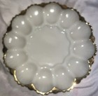 Vintage ANCHOR HOCKING Gold Edge White Milk Glass 12 Deviled Egg Relish Plate — photo 1