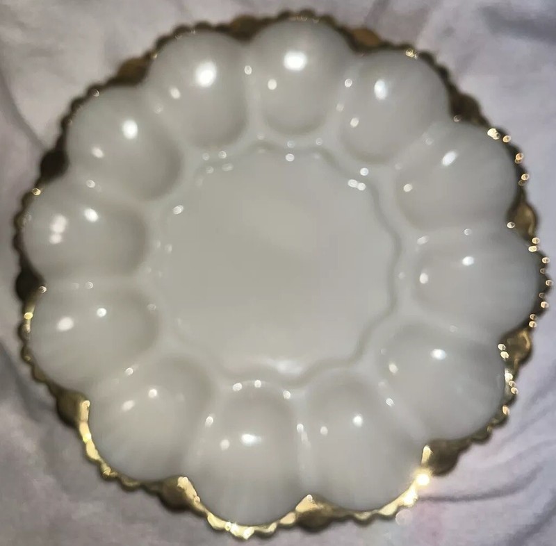 Vintage ANCHOR HOCKING Gold Edge White Milk Glass 12 Deviled Egg Relish Plate