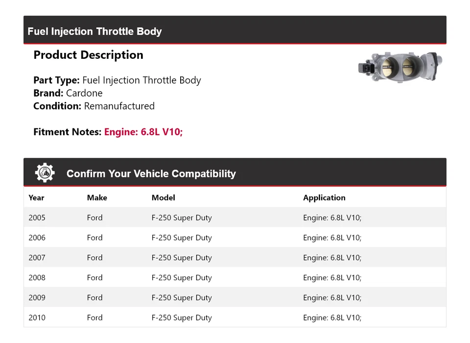 Corpo do acelerador Cardone para 2005-2010 Ford F-250 Super Duty 6.8L injeção de combustível - Imagem 2 de 4