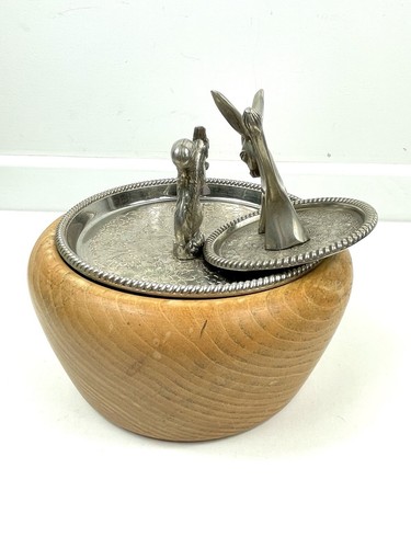 Seba Silver Plated Squirrel On Wooden Jewellery Bowl Donkey Ring Holder Vintage - Picture 7 of 16