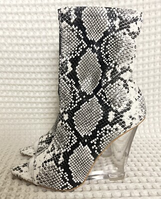 Faux Snakeskin Booties Ankle Boots Clear Heel Wedge Heels Size