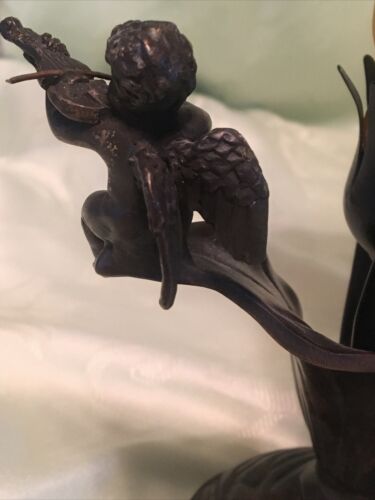 Tulip Table Lamp w/ Leaves Pink Green Yellow Glass, Metal Cherub Playing Violin - Picture 12 of 18