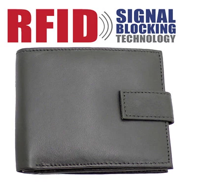 RFID Mens Genuine Leather Wallet With Zip Coin Pocket Purse & ID Window 44 Black