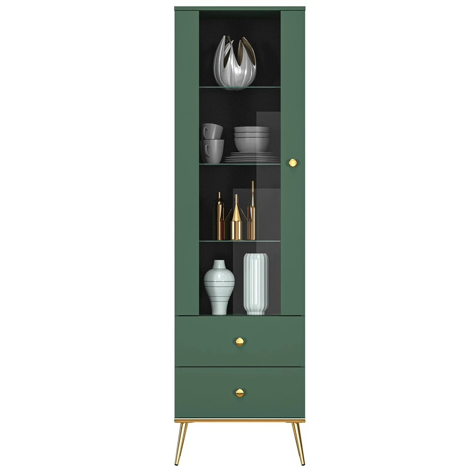 FOREST Schmale Vitrine 01 Grüne matt mit Regalen, Schubladen, verglastes Regal - Bild 3 von 4