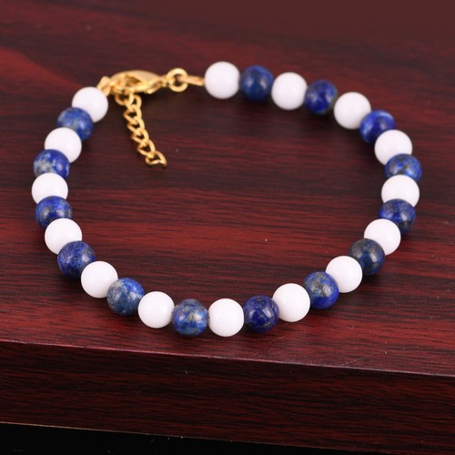 Natural Lapis Lazuli & White Agate Ball Bead Gemstone Chain Bracelet For Health - Picture 3 of 9