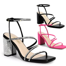 Women Ankle Strap Square Open Toe Chunky Block Heel Sandals Wedding Party