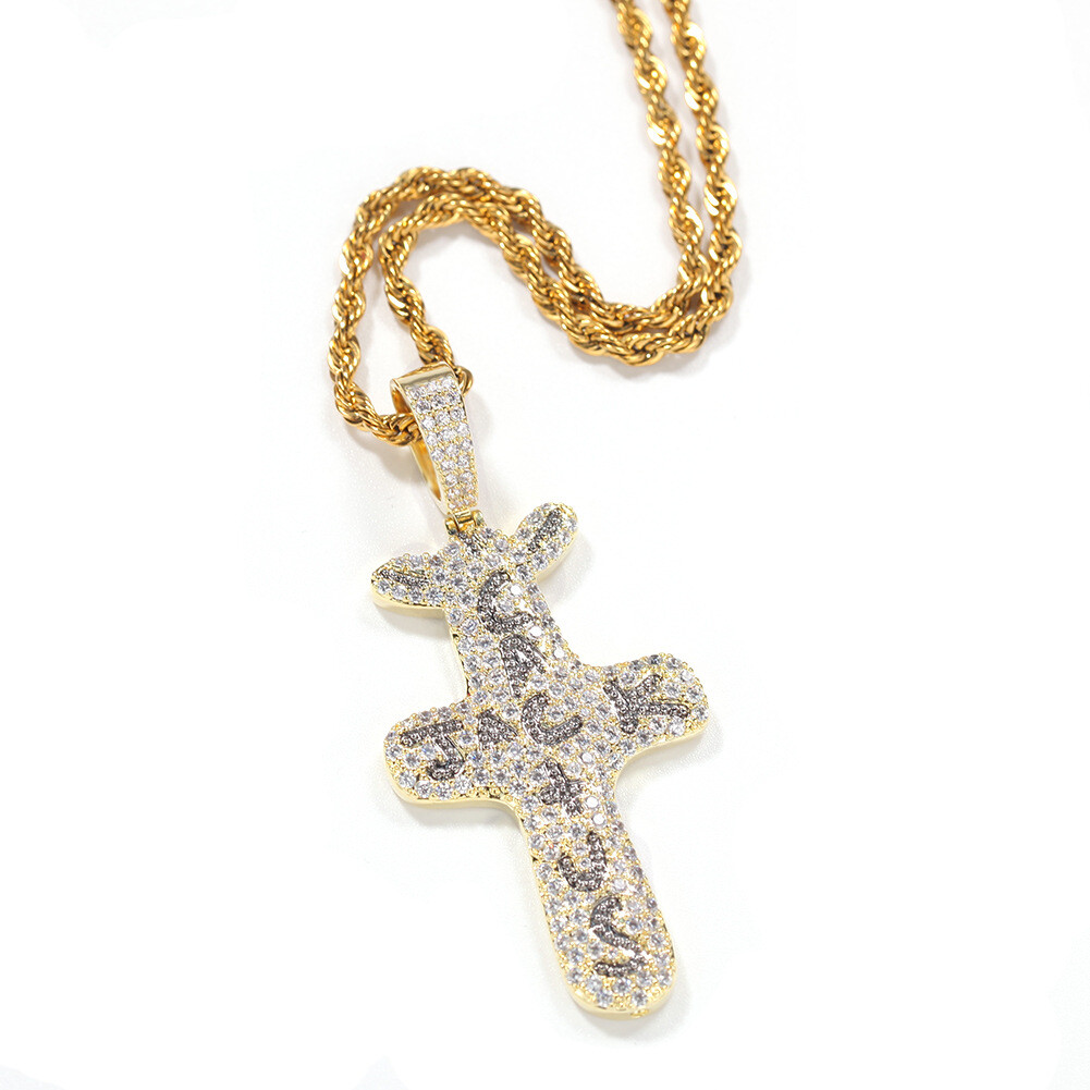 Hip Hop Cactus Jack Cross Pendant Necklace 5A Zircon Gold