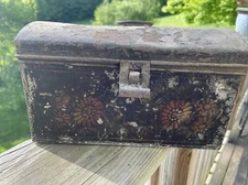 Primitive Antique Tin Toleware Painted Decorated Box 1800s 9x7x4