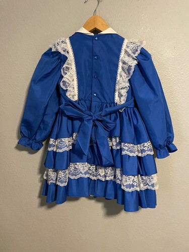 Vintage Marthas Miniatures Girls Dress Size 4T Blue Satin Ruffle Lace Pageant - Picture 3 of 8