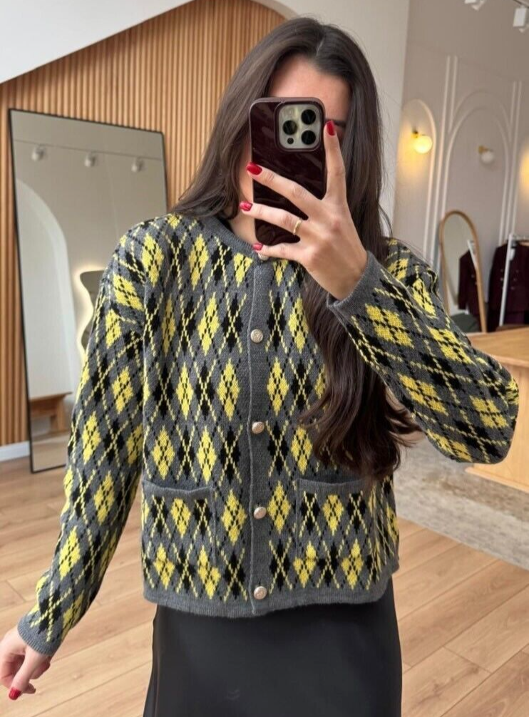 FEATHERY YARN ARGYLE JACQYARD CARDIGAN⭐︎ ALLSAINTS Fitzroy Warped Argyle Jacquard Cardigan | endource