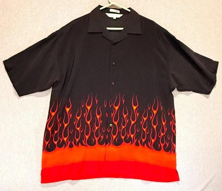 Elliott Sport Camp Hawaiian Aloha Shirt Mens 2XL Black Orange Flame Print Beach