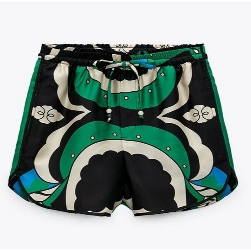 ZARA NWT Printed High Waisted Bermuda Shorts Green Black Pull On Women's S image 10