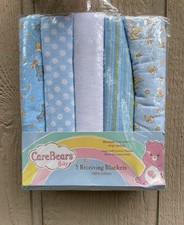 Care Bears Baby 5 Receiving Blankets Blue/White Cotton 30x30 Easy Care