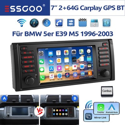 2+64GB 7'' Android 14 Autoradio Apple CarPlay Für BMW 5er E39 M5 GPS Navi WIFI BT