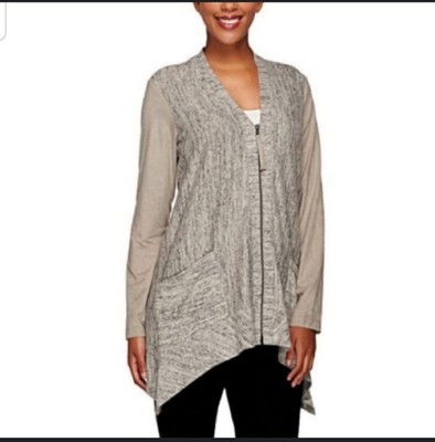 LOGO By Lori Goldstein Shark Bite Cardigan L Faux Suede Sleeves Full Zip Pockets