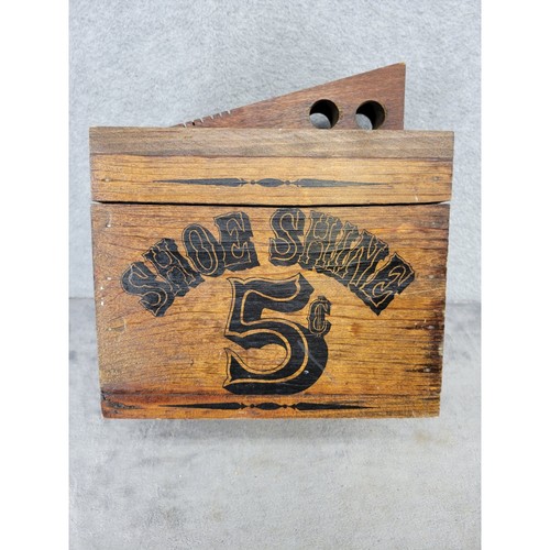 Vintage Style Wooden Shoe Shine Box 5 Cent Graphic Rustic Storage Valet Case