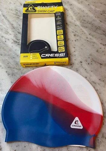 NEW Swifty Cressi Swim Cap Youth Kid SMALL Red White Blue Patriotic Silicone