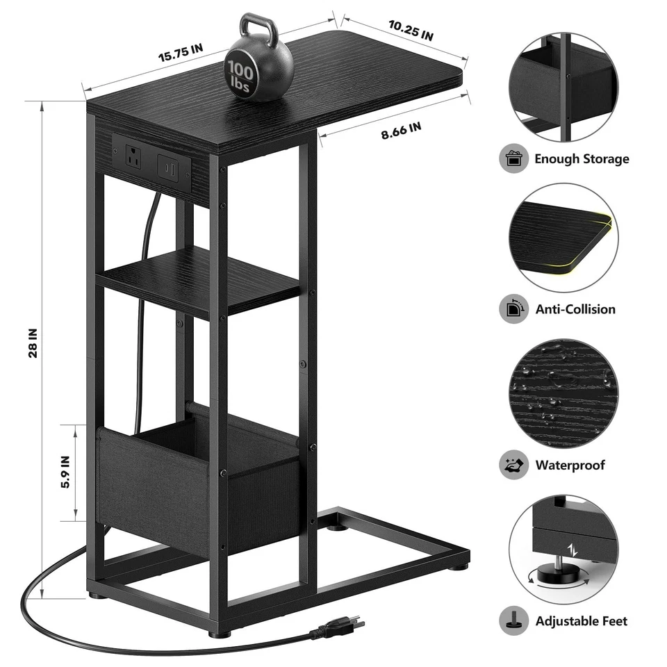 C-образный торцевой столик с зарядной станцией, небольшой приставной столик с сумкой для хранения сделано в США - Изображение 4 из 4