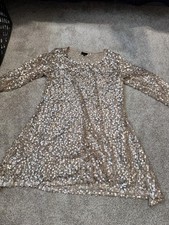 Staples Beige Silver Sequin Mesh Shift Dress Short Round Neck Long Sleeve L