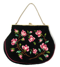 Vintage Needlepoint Tapestry Purse Petit Point Black and Pink Flower Rose Vine